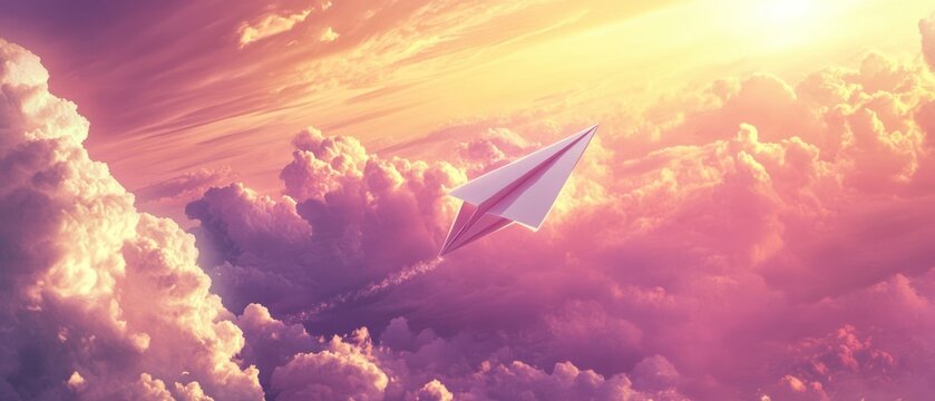 Paper airplane soaring through sunset clouds dreamy flight fantasy