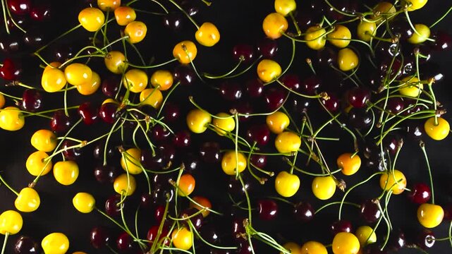Colorful red and yellow wild cherries with green stems slowly moving on a dark, wet surface, creating a beautiful and vibrant pattern of fresh and juicy summer fruits from an overhead view