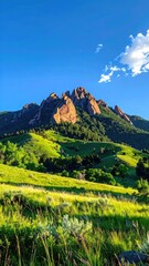 Fototapeta premium Golden hour light illuminates rolling green hills and rugged mountain peaks under a clear blue sky.