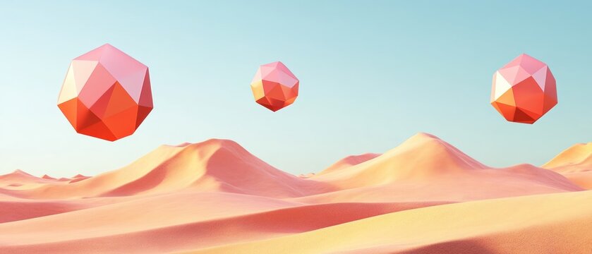 Coral geometric shapes over pastel desert landscape low poly design