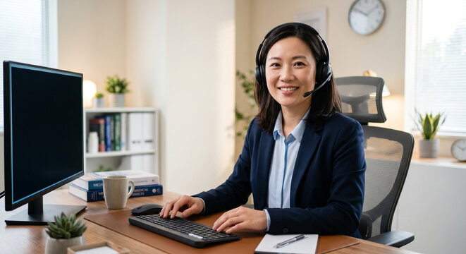 Friendly Asian woman with headset working from home. Customer service representative. Telemedicine concept.