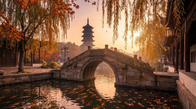 Traditional Chinese Garden at Golden Hour
