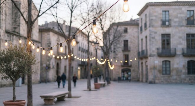 People walking under string lights in European town square
