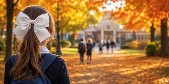 Back view of a young schoolgirl with a large white hair bow walking toward school through colorful autumn trees. First day of school, education, childhood and back to school concept