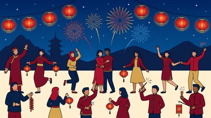 Naklejka premium Community Celebration Beneath Red Lanterns