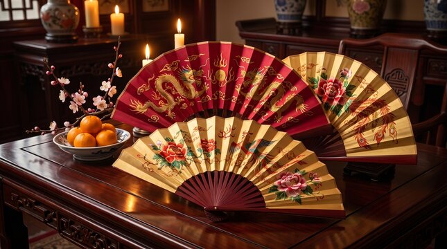 Traditional Silk Fans with Mandarin Oranges and Plum Blossoms