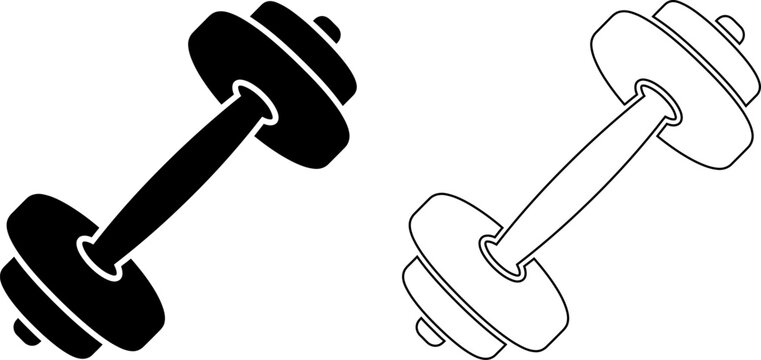 Dumbbell icon vector set features solid black silhouette and line art outline designs, ideal for gym workout graphics, fitness training logos, and strength exercise equipment.