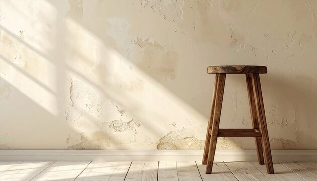 wooden stool against cream wall
