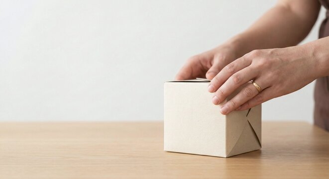 Person closing gift box on table indoors