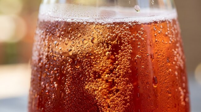 Close-up shot of a vibrant carbonated beverage texture with condensation droplets and fizzy bubbles  soda drink red macro background splash water drop bubble ice condensation refreshment