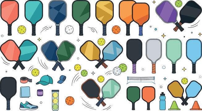 Pickleball vector element set with colorful paddles, balls, net, cones, and athletic gear isolated on white background for sports design layouts