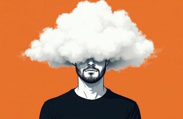 Fototapeta premium Stressed man large white cloud covering head on orange background. Illustration shows mental fatigue, brain fog concept. Male person suffers from exhaustion, lack of focus, confusion, burnout,