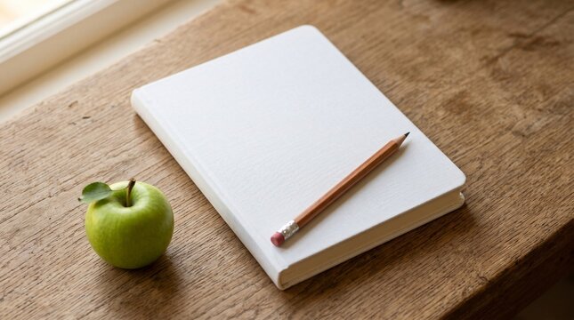 A fresh start for the new school year with a blank notebook, pencil, and a crisp green apple