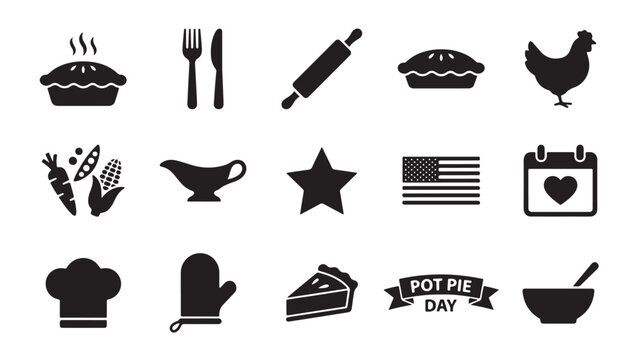 Pot Pie Day icon set, black silhouette cooking and baking symbols, 15 vector elements for kitchen and food branding, rustic homemade meal graphics