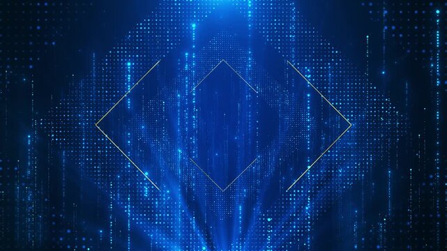 Blue digital arrow interface background dotted particles, glowing diamond shapes, futuristic data depth. tech promos, AI , cyber dashboards, software explainers, network visuals, modern motion screens