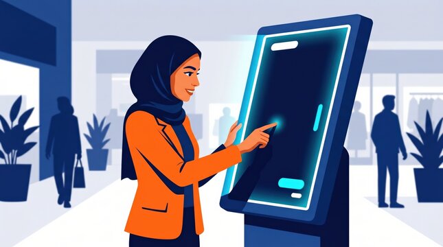 Woman uses interactive kiosk for modern shopping experience