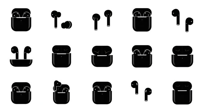 Wireless Earbuds and Charging Case Silhouettes Grid Set on White Background