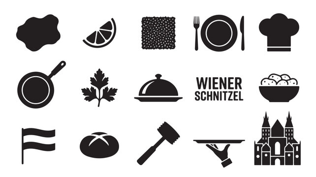 Wiener Schnitzel icon set, Austrian cuisine food symbols, black silhouette restaurant graphics, 14 vector elements for menu design