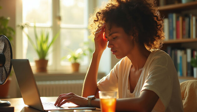 Woman wipes sweat from forehead working on laptop with fan for cooling. Feeling hot and uncomfortable at home office desk, trying to stay productive despite high temperatures and work stress.
