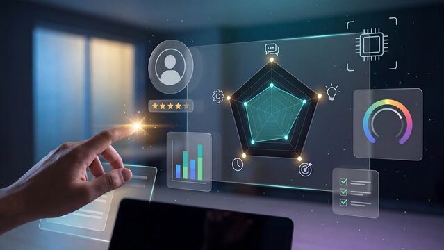 Employee skill assessment concept, hand touching pentagon radar chart with user profile, star rating, bar graph, gauge and chip, staff competency evaluation, performance analytics and HR measurement