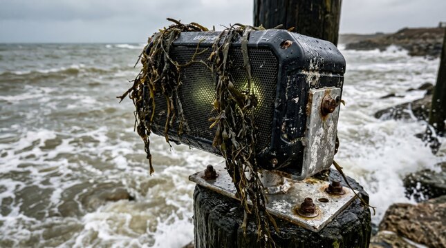 Weathered marine research equipment on a post with waves crashing