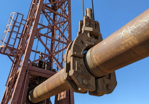 Heavy duty elevator clamp lifting a drill pipe on an oil drilling rig