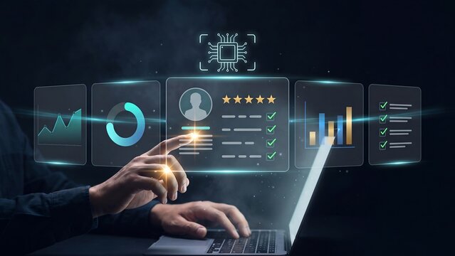 AI employee evaluation dashboard concept, hand on laptop touching user profile with star rating and checklist among charts and circuit chip, staff performance review, HR analytics and data assessment