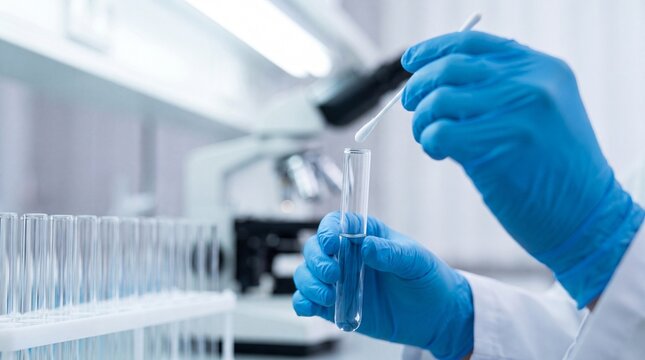 Scientist performs DNA extraction in a modern laboratory setting with microscope and test tubes