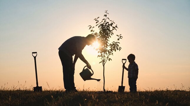 Father and son planting a tree together at sunset symbolizing growth and family bonding