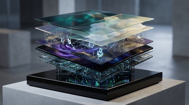 Multidimensional Deep Cosmos Strata Evoking Conceptual Thoughts Technological Breakthroughs And Subconscious Reverie Placed On Clean Ebony Base  abstract surreal landscape imagination