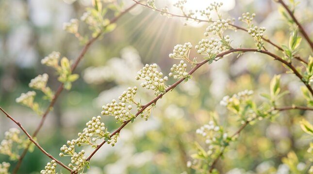 Delicate Clusters Of Miniature Snowy Bridal Wreath Buds Sprouting Outdoors Amid Radiant Daylight Rays And Gentle Out Of Focus Backdrop  close up white spirea flower branch springtime