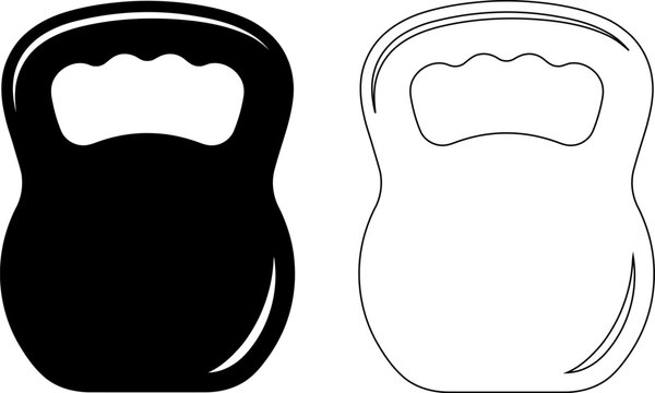 Kettlebell icon set in black and white, representing gym equipment, weightlifting, fitness training, strength workout, and exercise gear for sport design