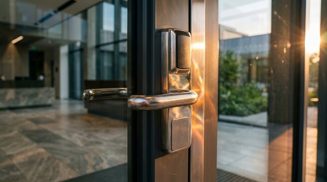 Radiant Morning Sunbeams Reflecting Off Shiny Metallic Entrance Security Handle Assembly  door lock handle sunlight shine key keyhole metal steel brass bronze gold security protection