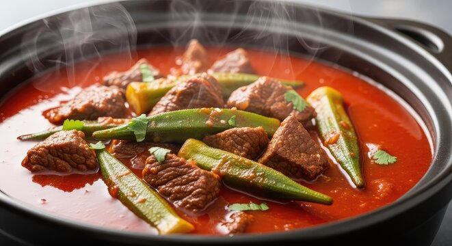 A close-up shot of traditional bamia stew with tender beef chunks and fresh green okra pods simmering in a rich tomato sauce inside a pot, bowl, tender, simmering