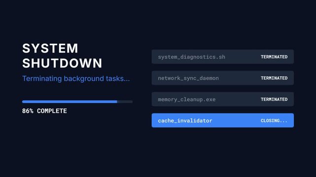 System shutdown, terminating background tasks with progress bar and process termination, symbolizing computer shutdown and system update, seamless loop