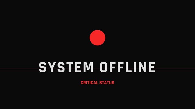 System status update animation, with a red circle pulsing above the text 'SYSTEM OFFLINE' and 'CRITICAL STATUS' on a black background, in a seamless loop, symbolizing error, maintenance
