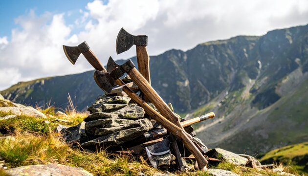Collection of Rusty Axes Leaning on Rocks in a Rugged Mountain Landscape