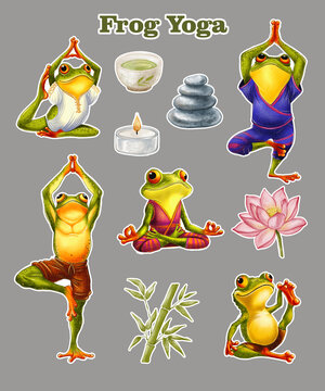 Cute frog yoga sticker set. Watercolor illustrations of funny green frogs in fitness poses, lotus, bamboo, candle and zen stones isolated on grey. Perfect for wellness and meditation design.