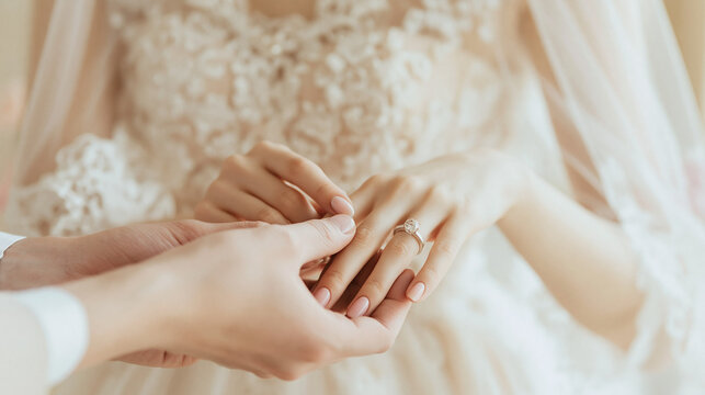 Close-up of Groom Placing a Wedding Ring on Bride&rsquo;s Finger During Ceremony