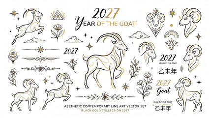 Fototapeta premium Hand drawn abstract minimal element, black and gold 2027 year of goat vector set. Aesthetic contemporary line art.