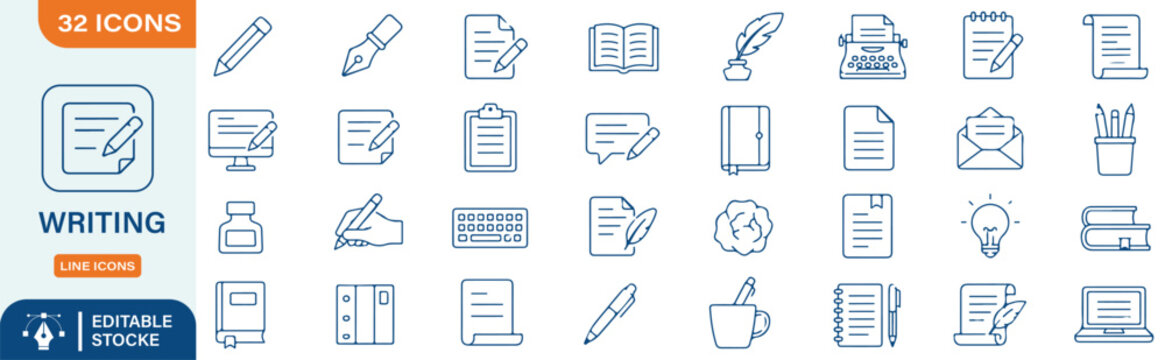 Writing Icons Set - Copywriting, Blogging, Content Creation, Pen and Paper Line Vector Icons