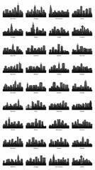 Obraz premium Set of United States City Skyline Silhouettes, Flat Black Urban Landscapes with Textured Detail, Collection of American Metropolitan Architecture Icons for Design Projects, Vector Illustration