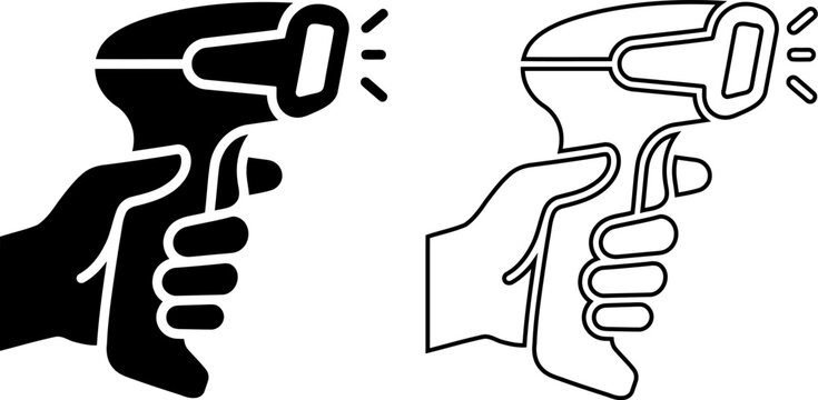 Vector icon set depicts a hand holding a barcode scanner laser reader for retail checkout and inventory management applications in solid black and outline styles.