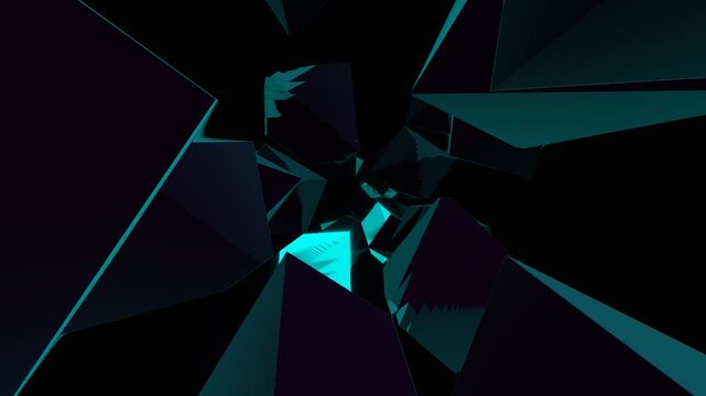 Cyan magenta glowing neon vaporwave geometric tunnel animation on dark background, retro 80s aesthetic strobing 3D crystal cave flight loop for synthpop music visualizers and lofi chillwave DJ