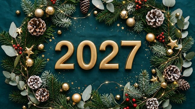 Festive new year 2027 arrangement with gold numbers pine branches and holiday decorations