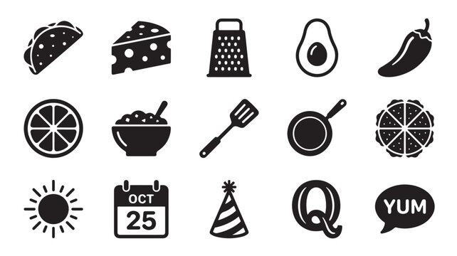 Mexican food and kitchen icons set, 15 black vector silhouettes of taco, avocado, and chili pepper, culinary cooking symbols for restaurant menus
