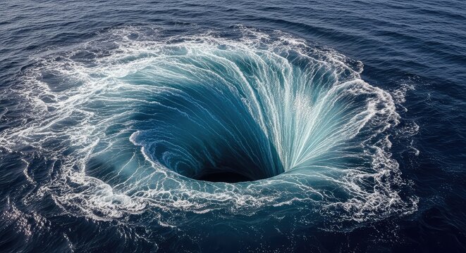 A massive swirling maelstrom creates a powerful aquatic vortex in the deep dark blue ocean water, spiraling down into the mysterious abyss, vortex, splash, maelstrom