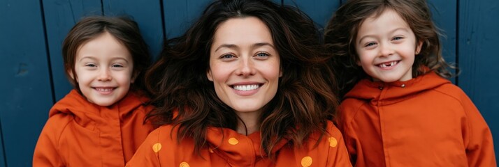 Fototapeta premium Smiling mother lying with two daughters in matching orange hoodies on blue board background for family banner and lifestyle layout