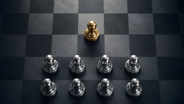 Top view of a golden chess pawn facing a group of silver pawns on a dark chessboard representing business strategy confrontation and brave leadership