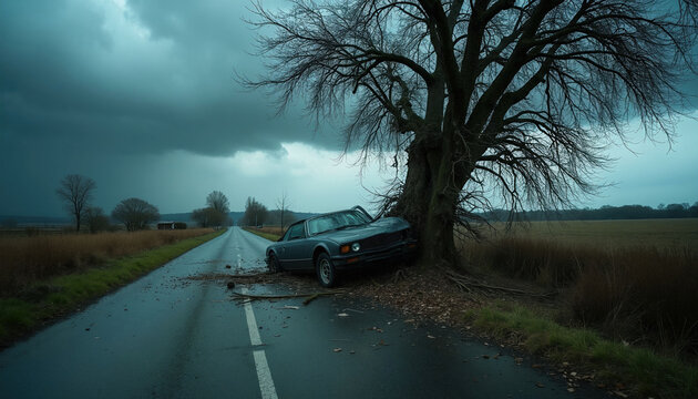 Damaged car crashed into tree on rural road after highway accident. Broken vehicle wreckage sits on wet asphalt during stormy weather with dark gloomy clouds overhead. Emergency scene shows impact